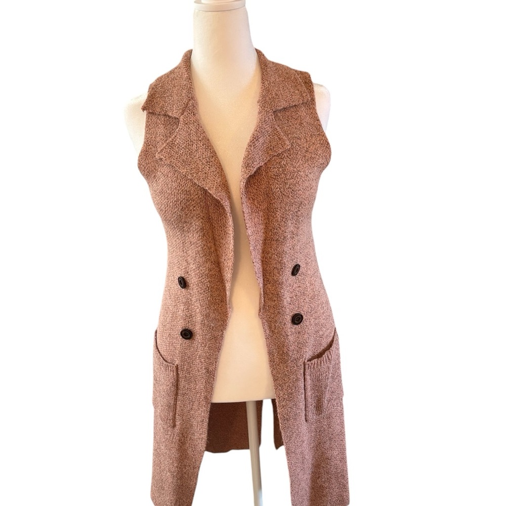 Sleeveless Pink & Brown Knit Vest with Pockets